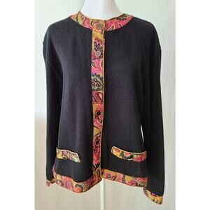Donna Toran Women's Sweater Size Medium‎ Floral Trim Button Front Black Pink